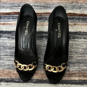 CHANEL Black Heels with Gold Chain Detail